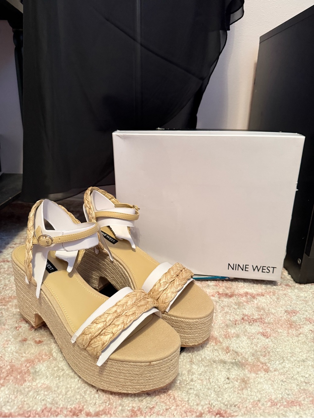 Nine West White and Natural Braided Platform Sandals